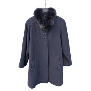 Elegant Vintage Fennelli Navy Winter Wool Coat w/ Fur Collar | Women's Large